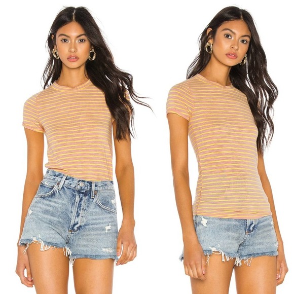 Free People T-Shirt Small Striped Short Sleeve Pink Yellow Crew Neck Fitted - Picture 1 of 8